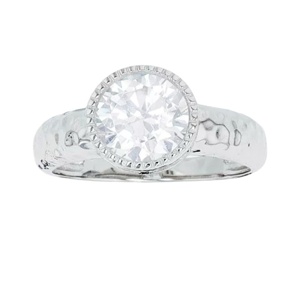 Macy’s Sterling Silver Cubic Zirconia Milgrain Bezel set Hammered Ring size 6